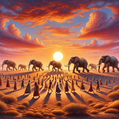 The primary subject of the image is a herd of elephants walking across a desert landscape. There are at least 14 elephants visible in the scene, with some walking closer to the viewer and others further away. The setting is a dry, arid environment with a sunset in the background, creating a dramatic and serene atmosphere. The visual style of the image is a combination of digital art and illustration, with the artist skillfully capturing the movement and beauty of the elephants in their natural habitat